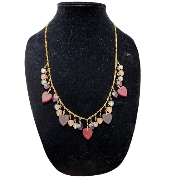 Vintage Pididdly Links Goldtone Czech frosted glass heart charm necklace 24" - Picture 2 of 11